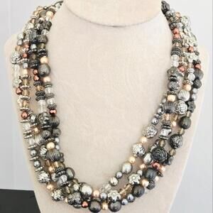 Cookie Lee 4 Strand Flower Beaded Necklace w/ Genuine Crystal Chunky Clasp